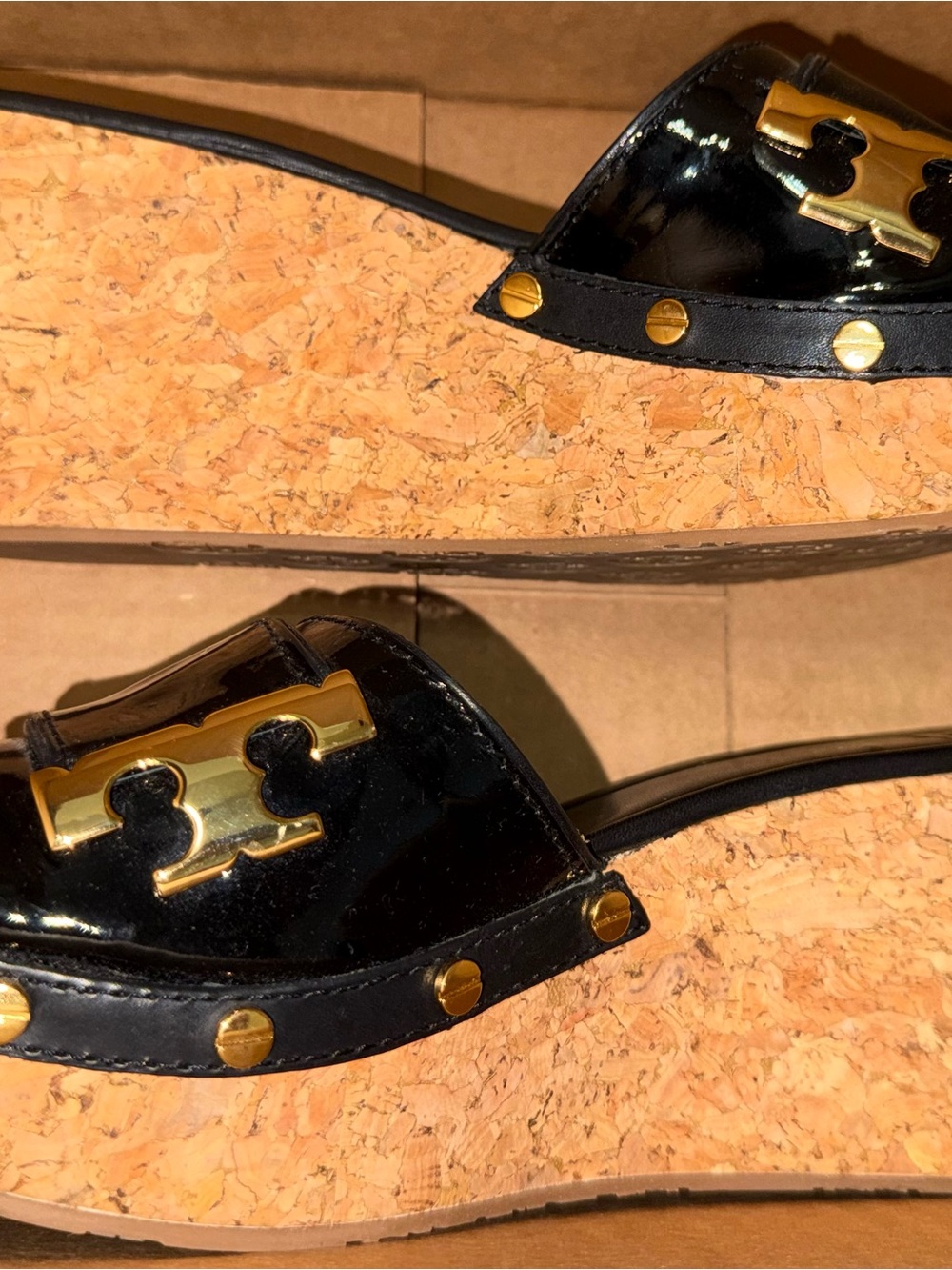 Tory Burch Black Patent Cork Platform Slide Sandals with Gold Accent size 9.5